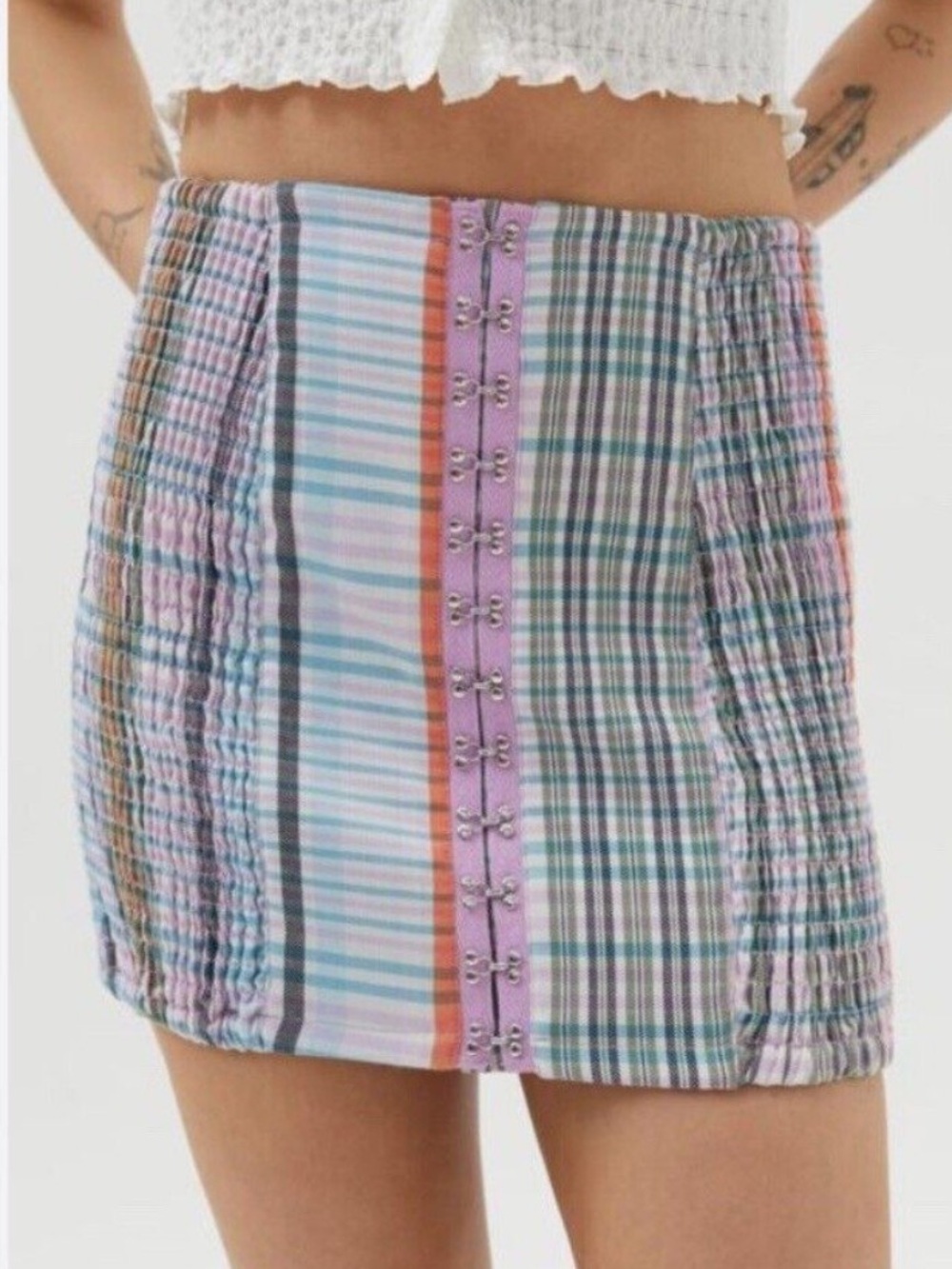 Urban Outfitters Linny Smocked Hook & Eye Mini Skirt Grunge Plaid small